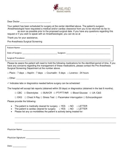 17 Medical Clearance Forms For Surgery Free To Edit Download And Print