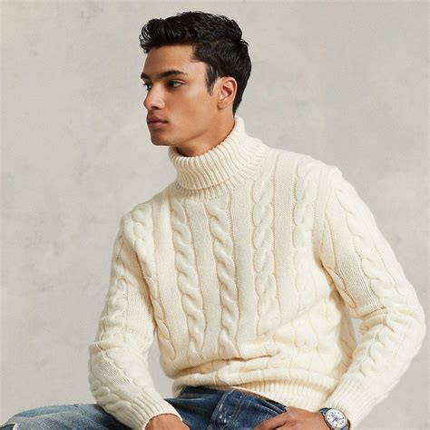 ralph lauren cable wool cashmere roll neck jumper in natural for men lyst