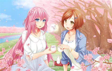 Wallpaper Anime Girls Picnic Sakura Tree Butterfly