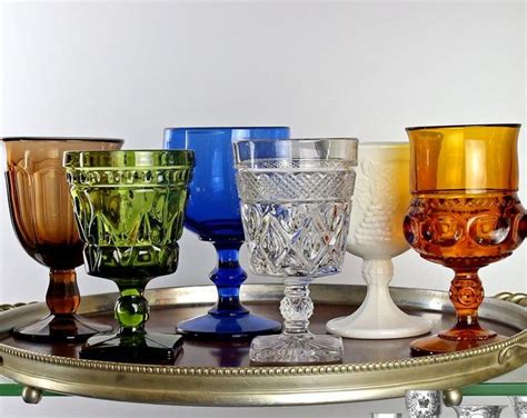 Vintage Mismatched Amber And Green Goblets Set Of 6 Etsy Colored Glassware Glassware