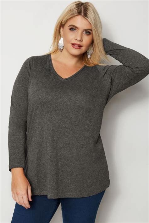 Charcoal Grey Long Sleeved V Neck Jersey Top Plus Size 16 To 36 Yours Clothing