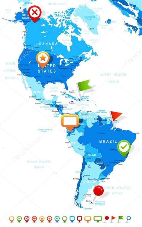 North And South America Map And Navigation Icons Illustration