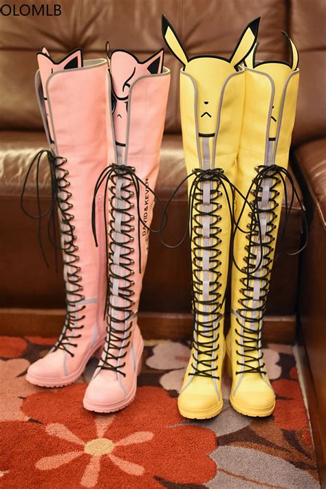 2022 Pinkyellow Chunky Heel Lace Up Thigh Boots Women Platform Round