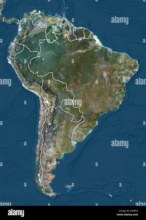 South America True Colour Satellite Image With Country Borders Stock