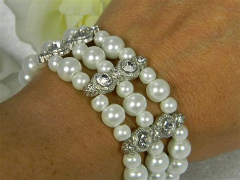 Multi Strand Pearl Bridal Cuff Bracelet With Rhinestones Pearl