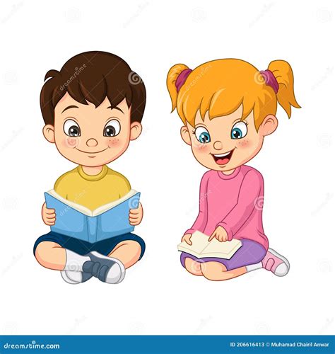 Lindos Niños Y Niñas Estudiantes Leyendo Juntos Un Libro Ilustración