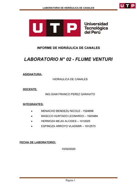 lab canales venturi INFORME DE HIDRÁULICA DE CANALES LABORATORIO N