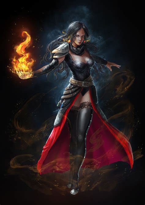 Flame Mage Light Shadow Fantasy Art Women Female Character Concept