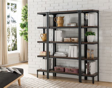 Catalina 5 Tier Shelves Bookcase Set Walnut Wood And Black Metal