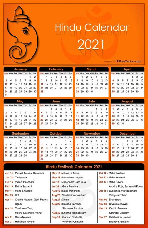 The Hindu Calendar Is Shown In Orange And Black With An Elephant Head