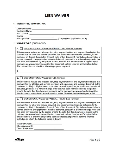 Free Printable Lien Waiver Form