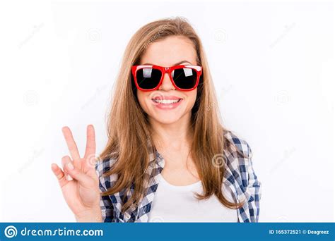 Funny Happy Girl In Glasses Showing Her Fingers Stock Image Image Of