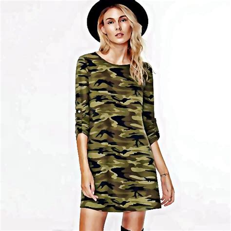 Camouflage Print Long Sleeve A Line Dress Fashion Camouflage Outfits