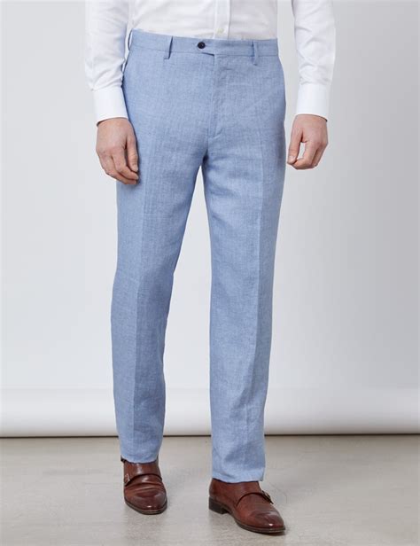Mens Light Blue Herringbone Linen Tailored Fit Italian Suit Trousers