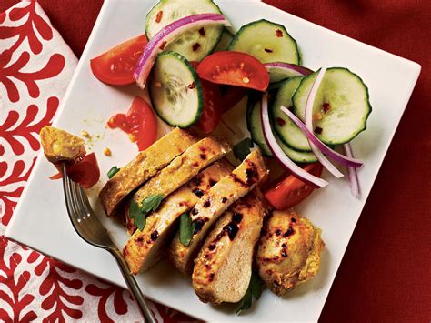 This grilled chicken breast recipe gets its crunchy skin yet moist, tender meat from a final toasting over direct heat. A Week of Healthy Meals April 23-27 - Cooking Light