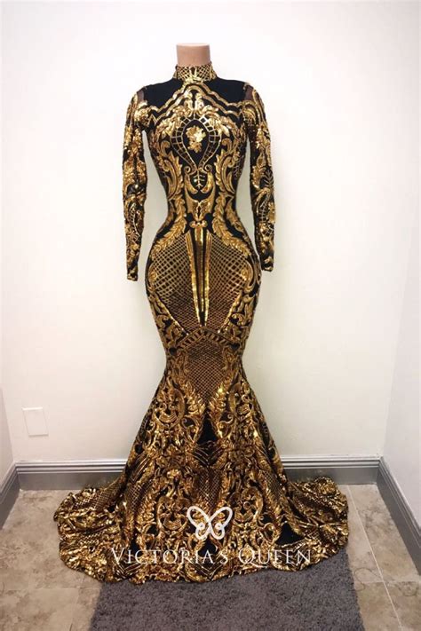 Gold Sequin With Black Lining Long Sleeve Prom Dress Vq