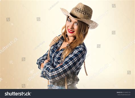 Sexy Blonde Woman Cowgirl Her Arms Foto Stock 614343110 Shutterstock