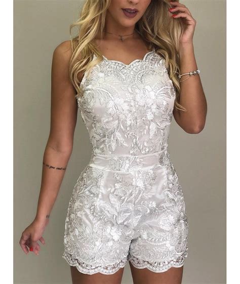 Summer Women Elegant Spaghetti Strap Lace Embroidery Rompers Vacation V