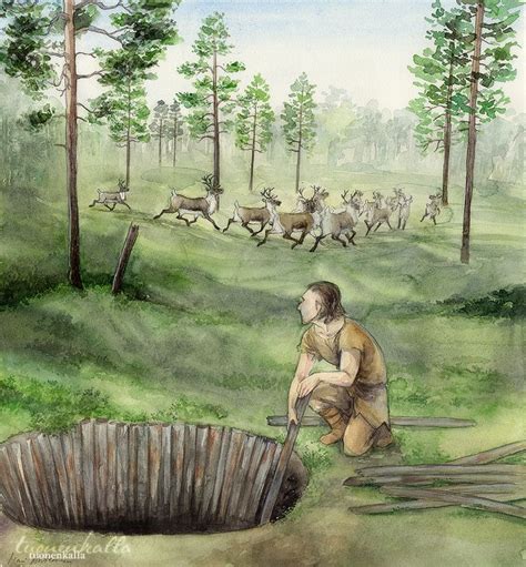 Restoration Of A Man Constructing A Pit Trap In The Mesolithic Period Of Rovaniemi Lapland By