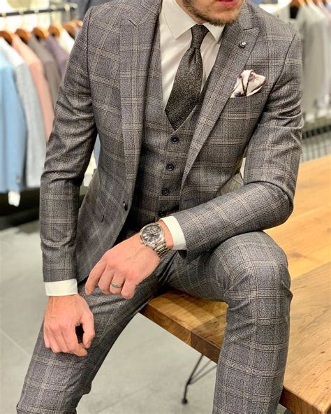 auburn dark gray slim fit three piece plaid check suit designer suits for men mens fashion