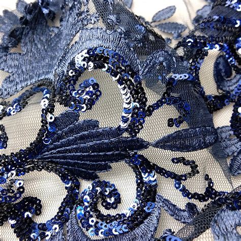 Navy Blue Sequins Beaded Lace Fabric High End Embroidery Etsy