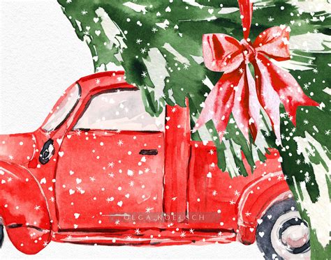Watercolor Red Christmas Truck Clipart Hand Drawn Vintage Red Truck