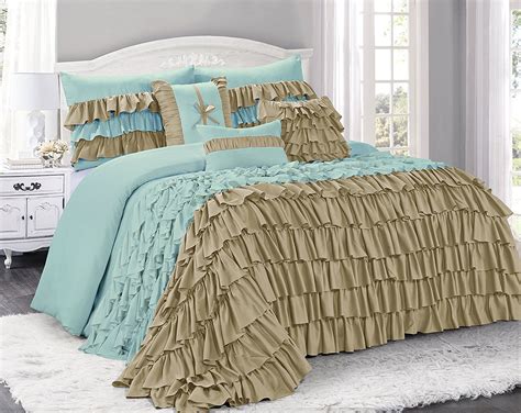 7 Piece Brise Double Color Classic Ruffled Comforter Set Queen King