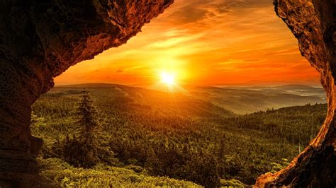 Download Sunbeam Forest Sunset Landscape Nature Cave K Ultra Hd Wallpaper