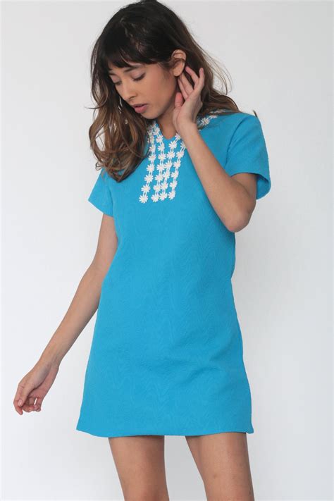 60s Mod Mini Dress Daisy Trim Shift Dress Turquoise Blue Boho Twiggy