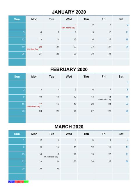 January February March 2020 Calendar With Holidays Word Pdf
