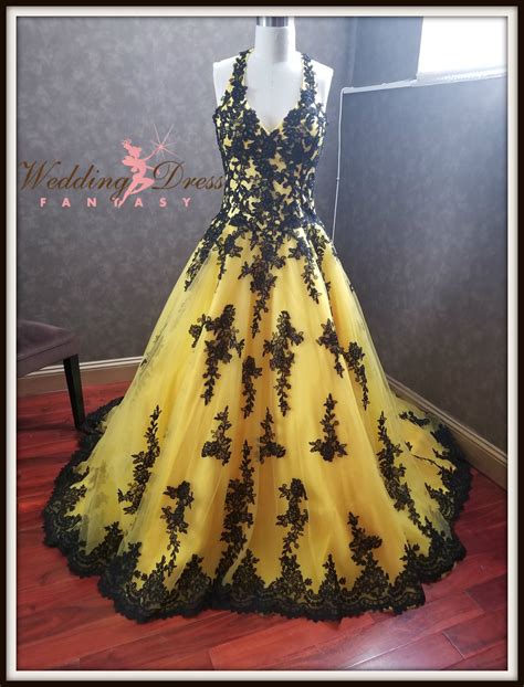 Stunning Yellow And Black Wedding Dress With Yellow Tulle And Black