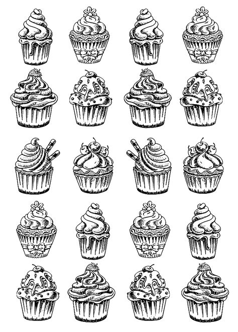 Gorgeous cupcakes, fairy cakes and macarons on a vintage cake stand. Twenty good cupcakes - Cupcakes Adult Coloring Pages