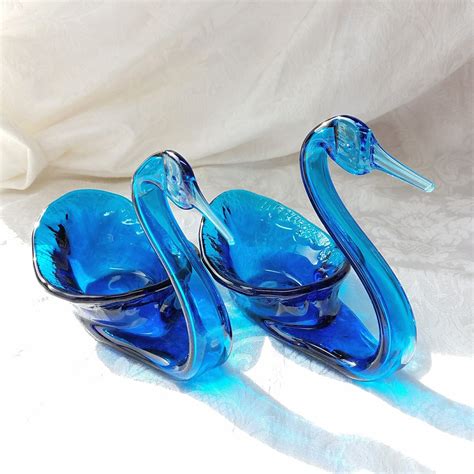 Vintage Hand Blown Blue Glass Swan Bowls Bluenique Art Glass Etsy