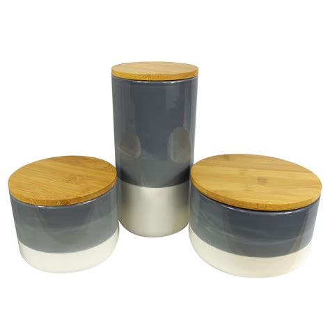 Set Of Three Canisters Grey Ceramic Storage Jars With Lids Leaf