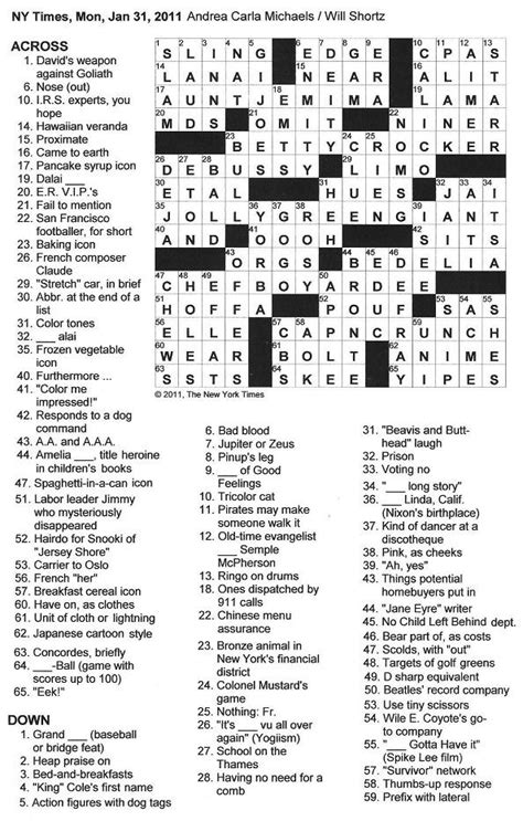 the new york times crossword in gothic 01 31 11 — monday mascots