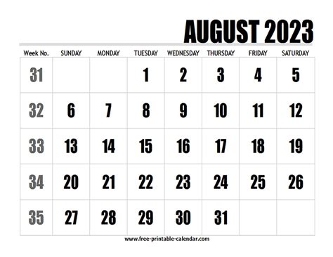 2023 Calendar August Free Printable