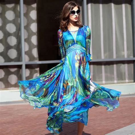 Idelly Summer Dresses Fashion Runway Ankle Length Dress Silk Printed