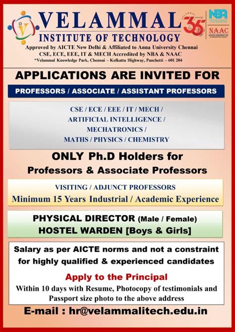 Faculty Recruitment 2021 At Velammal Institute Of Technology Chennai