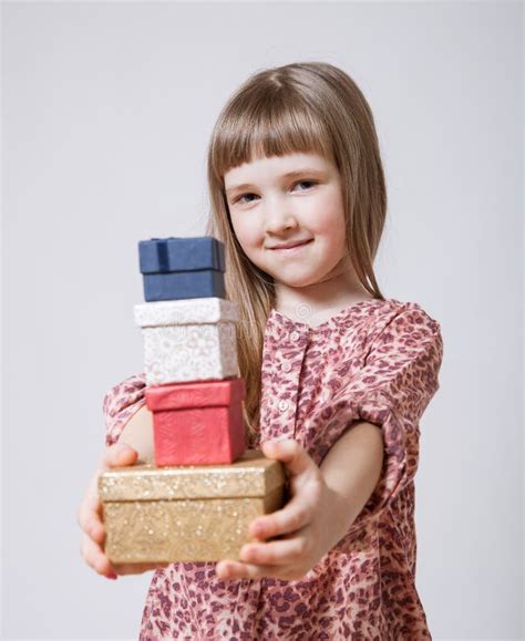 Pretty Little Girl Holding T Boxes Stock Image Image Of Little