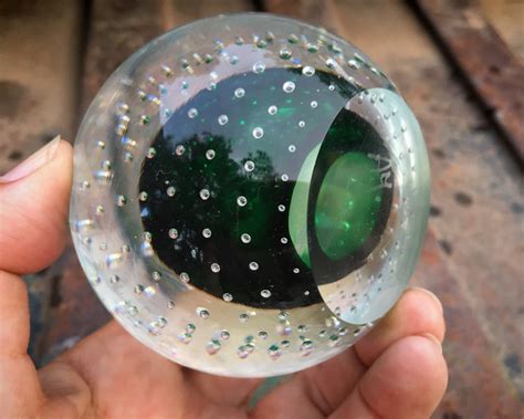 Vintage Controlled Bubbles Art Glass Paperweight Orb Green Center Murano Glass Sun Catcher