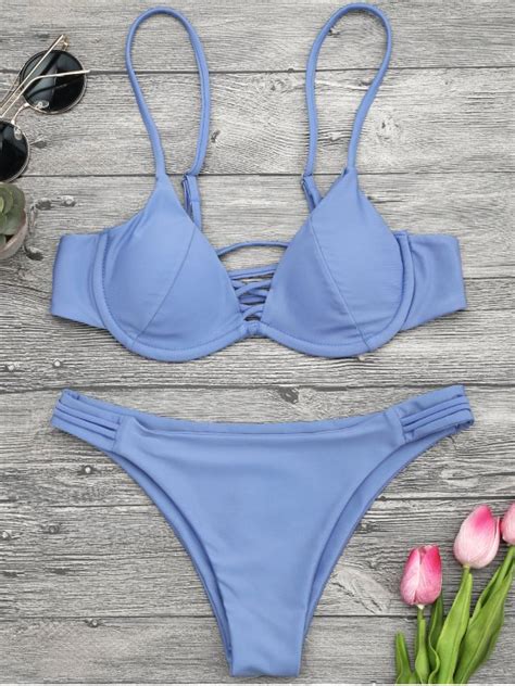 2018 Lattice Padded Underwire Bikini Set In Blue M Zaful