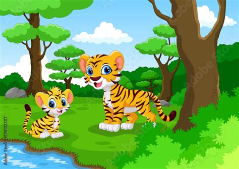 Tiger Cartoon In The Forest With His Cute Son Stock Vector Adobe Stock