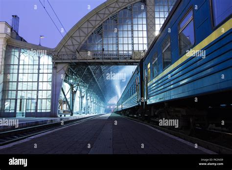 The Train On The Platform Of Railroad Station In Lviv Ukraine Stock