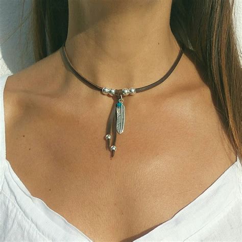Feather Choker Necklace Feather Silver Pendant Leather Etsy