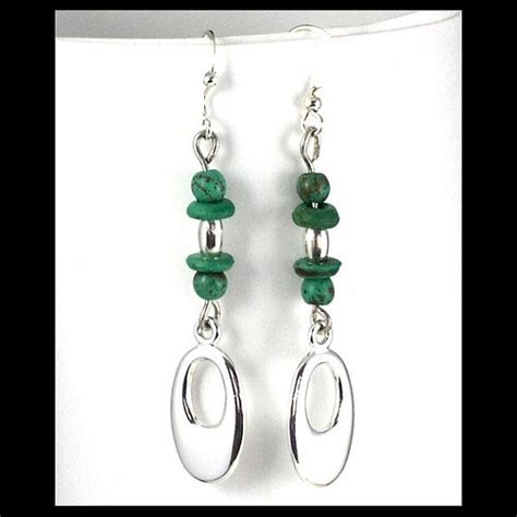 Long Silver Hoop Turquoise Bead Earrings By Jansart On Etsy