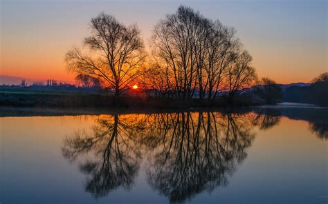 England Landscape Evening Sunset Trees River Water Surface