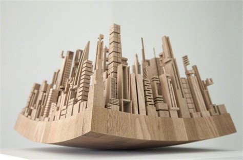 Geometric Wooden Sculptures Depict Abstract Cityscape Formations