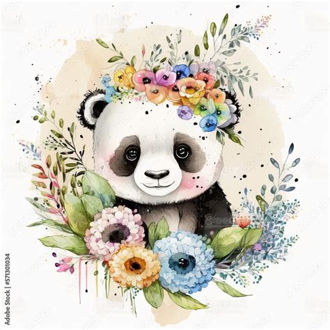 Panda Portrait Drawing With Flowers Watercolor Generative Ai Stock