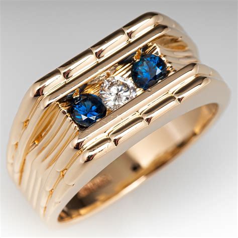 Mens Diamond And Sapphire Ring In 14k Yellow Gold