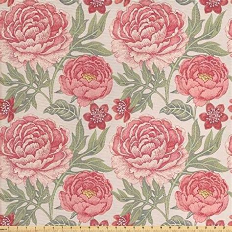 Lunarable Victorian Fabric By The Yard Garden Flowers Peonies Bouquet
